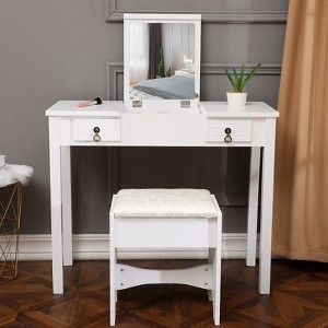 White Density Board Painted Two Drawers Flip-up Mirror Straight Legs Dressing Table Set - 1 of 4