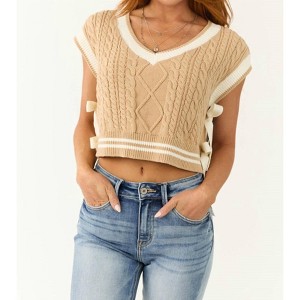 Women's V-neck Contrast & Bow Detail Sweater Vest - day + moon - 1 of 4