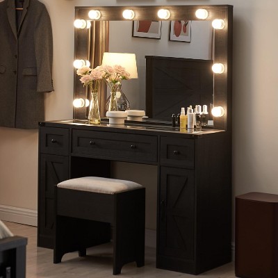 OKD Vanity Tables with 3 Visible Drawers, Farmhouse Vanity Desk with Lights Makeup Mirror