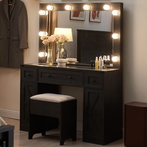 OKD Vanity Tables with 3 Visible Drawers, Farmhouse Vanity Desk with Lights Makeup Mirror - 1 of 4