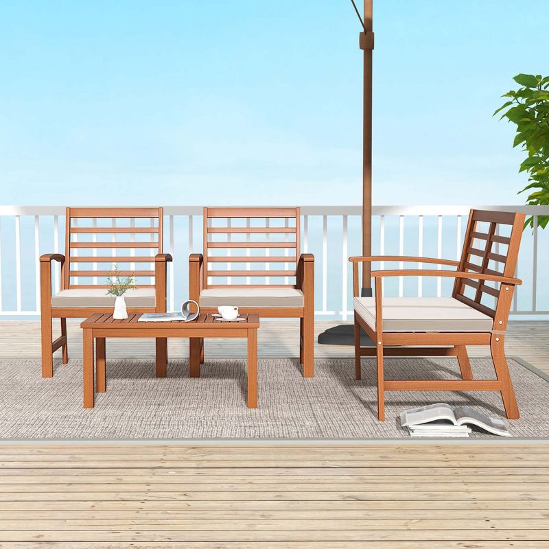 Costway 4 PCS Outdoor Furniture Set with Soft Seat Cushions Stable Acacia Wood Frame White/Navy/Gray, 5 of 10
