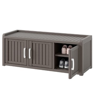 SEVOBAL Outdoor Shoe Storage Cabinet 12 Pair 3 Door Storage Bench Indoor Outdoor Waterproof Adjustable Shelves Entryway Hallway, Beige, - 1 of 4