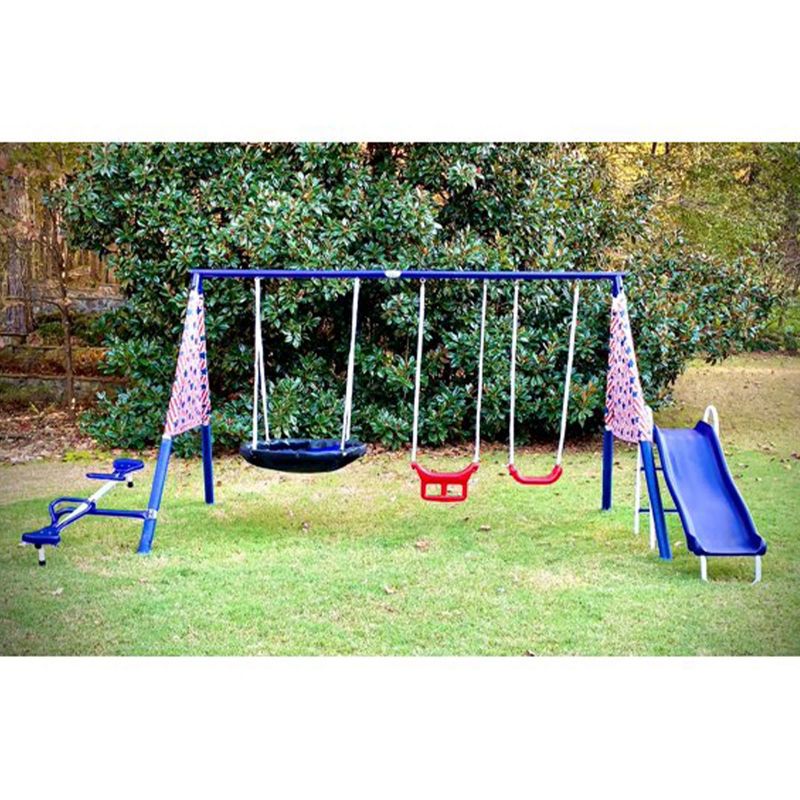 XDP Recreation Freedom Fun Metal A-Frame Kids Outdoor Swing Set 7 Child Capacity Backyard Playground Toy Set with Slide, 3 Swing Types, and See-Saw, 2 of 7