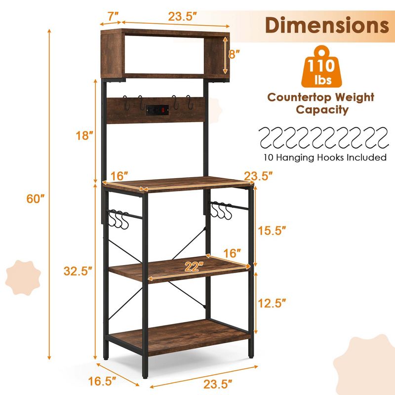 Costway Kitchen Bakers Rack 60'' Microwave Stand with Power Outlet Open Shelves & Hooks, 3 of 11