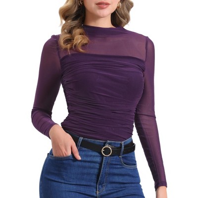 INSPIRE CHIC Women's Solid Mock Neck Mesh Sheer Long Sleeve Ruched Blouses