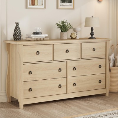 Garvee Natural 7 Drawer Dresser, 54" Wide Boho Dresser Organizer with Curved Legs and Large Storage for Living Room, Bedroom, Entryway, Nursery