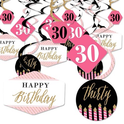 Big Dot of Happiness Chic 30th Birthday - Pink, Black and Gold - Birthday Party Hanging Decor - Party Decoration Swirls - Set of 40