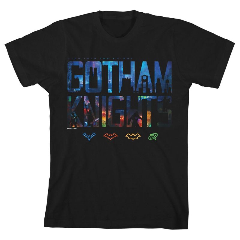 Bioworld Gotham Knights City Image Within Text With Hero Icons Black Crew Neck Tee Toddler Boy to Youth Boy, 1 of 3