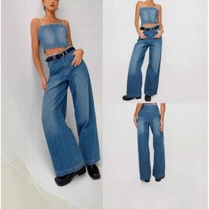 Mocamel Women's High Waist American Style Retro Wide Leg Loose Slim fit Straight Jeans - 1 of 4