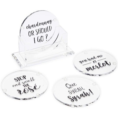 Juvale Set of 4 Clear Acrylic Funny Drink Coasters with Holder and Wine Puns, Round 4 inch