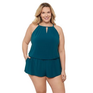 Aqua Green, Women's Keyhole Blouson Romper - 1 of 3