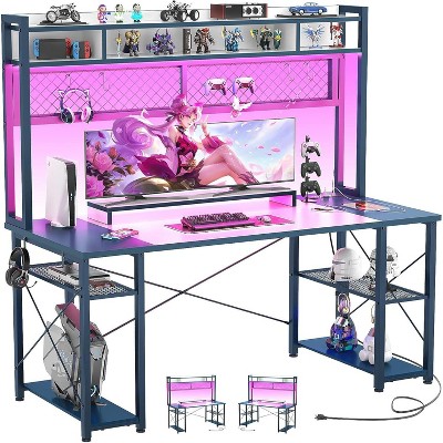Aheaplus Computer Desk with Hutch, Reversible Gaming Desk with Power outlet and LED Light, Workstation Desk with Monitor Stand