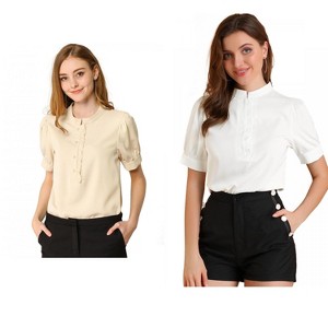 Allegra K Women's Work Office Half Placket Ruffled Puff Sleeve Blouse 2 Packs - 1 of 4
