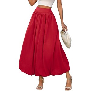 Women's Y2K Bubble Hem Maxi Skirt - Puffy A-Line Long Skirt with Pockets & Elastic Waist Rose Red - 1 of 4