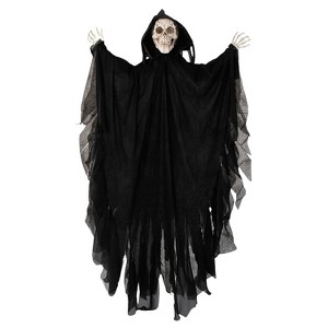 Morris Costumes 47 1/4" Animated Hanging Skeleton Reaper with Black Cloak Halloween Decoration - 1 of 2