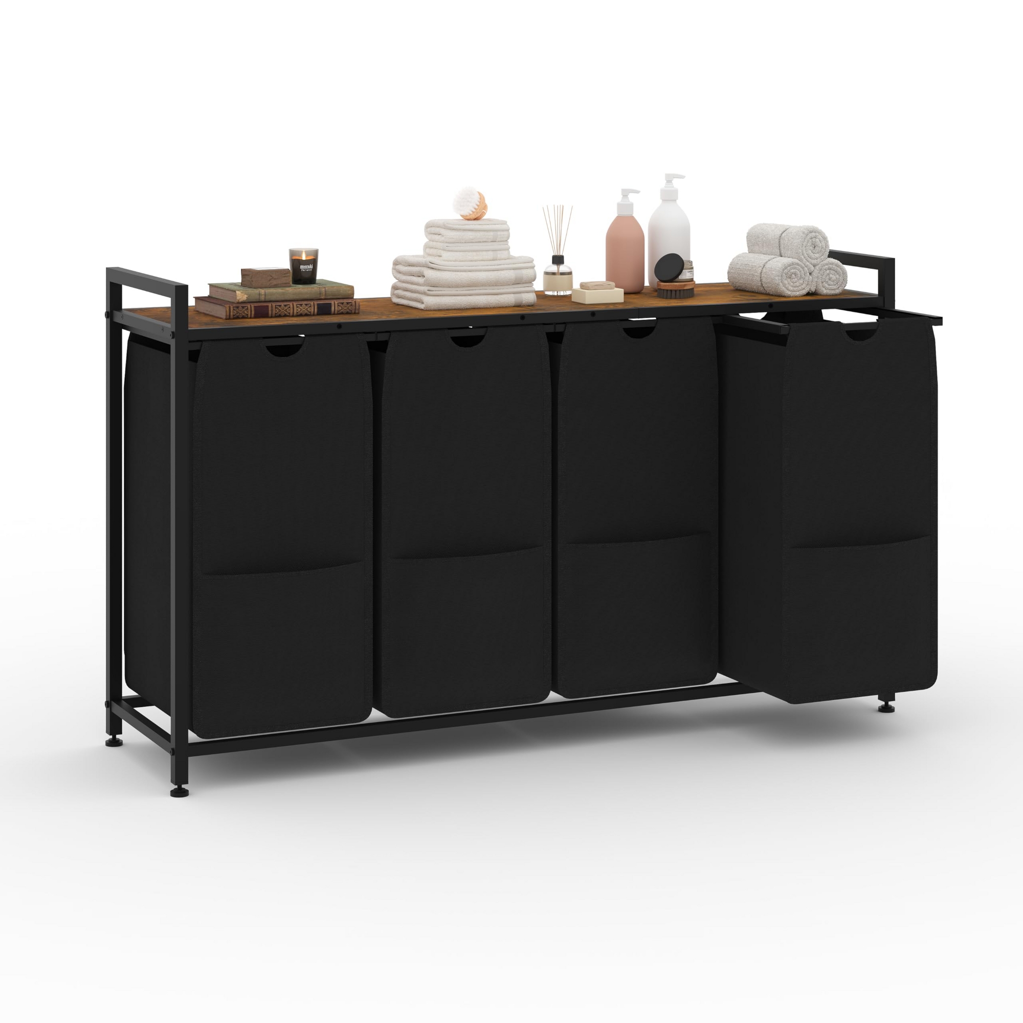 4 Section Laundry Hamper with Shelf, Pull-Out Laundry Sorter with 4 Removable Bags, Freestanding Organizer
