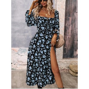 Women’s Floral Square Neck Maxi Dress Bubble Long Sleeve Side Slit Flowy Boho Dresses - 1 of 4