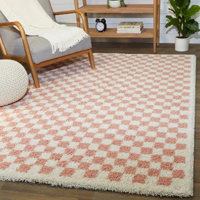 Pink and White Checkered Square Shag Kids' Rug