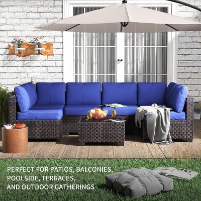 7-Piece Outdoor Rattan Patio Furniture Set with Cushions, Waterproof Sectional Sofa and Glass Top Table for Garden, Backyard