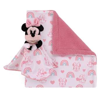 Disney Minnie Mouse White, Pink, and Aqua Rainbows and Hearts Super Soft Cuddly Plush Baby Blanket and Security Blanket 2-Piece Gift Set