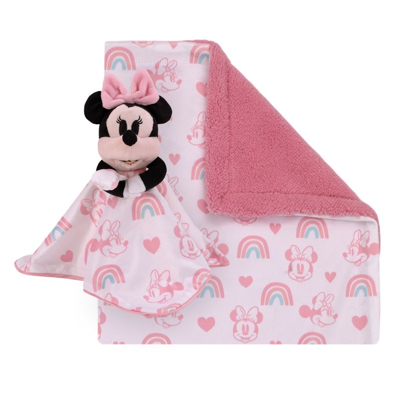 Disney Minnie Mouse White, Pink, and Aqua Rainbows and Hearts Super Soft Cuddly Plush Baby Blanket and Security Blanket 2-Piece Gift Set, 1 of 11