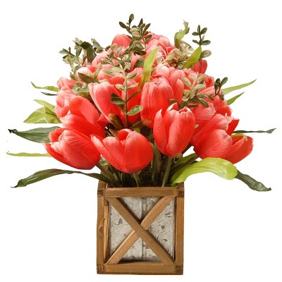16.5" Pink Silk Tulips in Rustic Wood Planter
