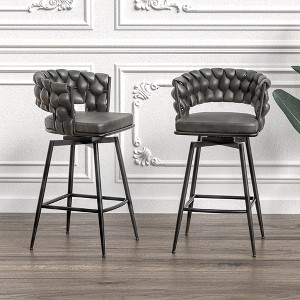 Okak 28" Technical Leather Woven Bar Stool Set of 2, 360 Swivel Chairs with Back Footrest Upholstered Arm Chair for Kitchen Island - 1 of 4