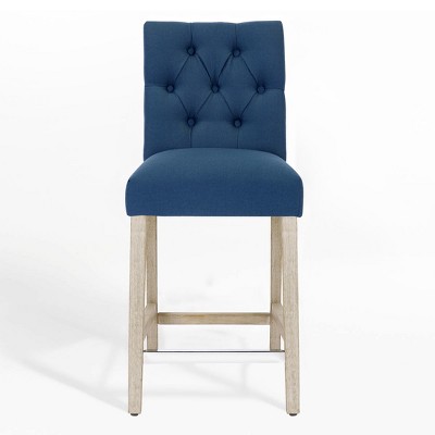 Blue Linen Tufted Bar Stool with Wood Legs, Set of 2