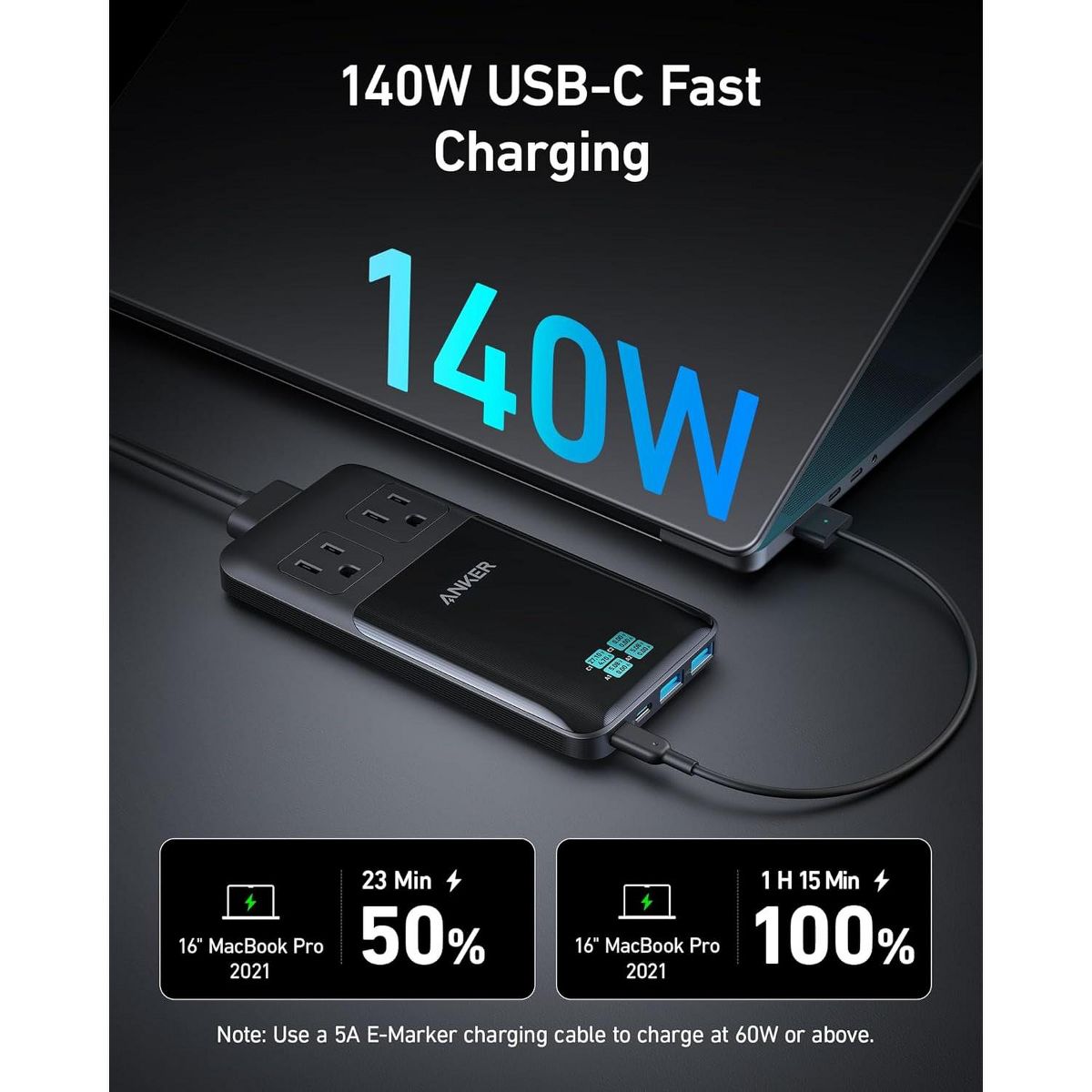 Anker Prime 140W 6-in-1 Travel Charging Station: 5ft Detachable Cord, 2 AC, 2 USB-C, 2 USB-A, for Home/Office (Non-Battery/Wireless) - thumbnail 3