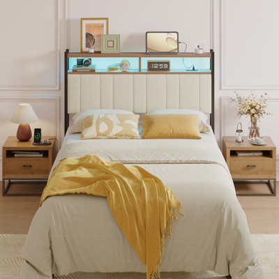 Pinmoco Full/Queen/King LED Headboard, Linen Upholstered Storage Headboard with Charging Station