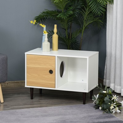White and Light Brown Particleboard Cat Litter Box Enclosure with Pinewood Legs