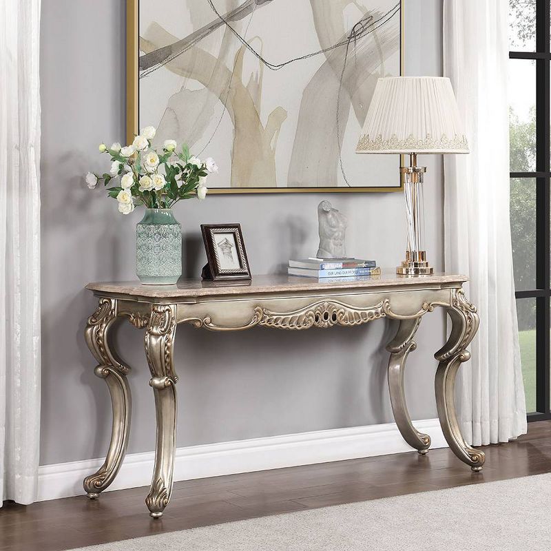 58&#34; Miliani Accent Table Natural Marble Top and Antique Bronze Finish - Acme Furniture, 1 of 8