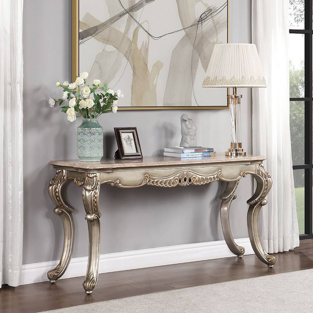 Photos - Dining Table 58" Miliani Accent Table Natural Marble Top and Antique Bronze Finish - Ac