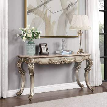 58" Miliani Accent Table Natural Marble Top and Antique Bronze Finish - Acme Furniture