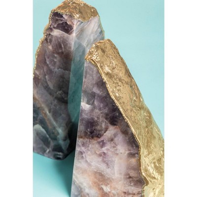 Amethyst and Gold Gilded Stone Bookends, Set of 2