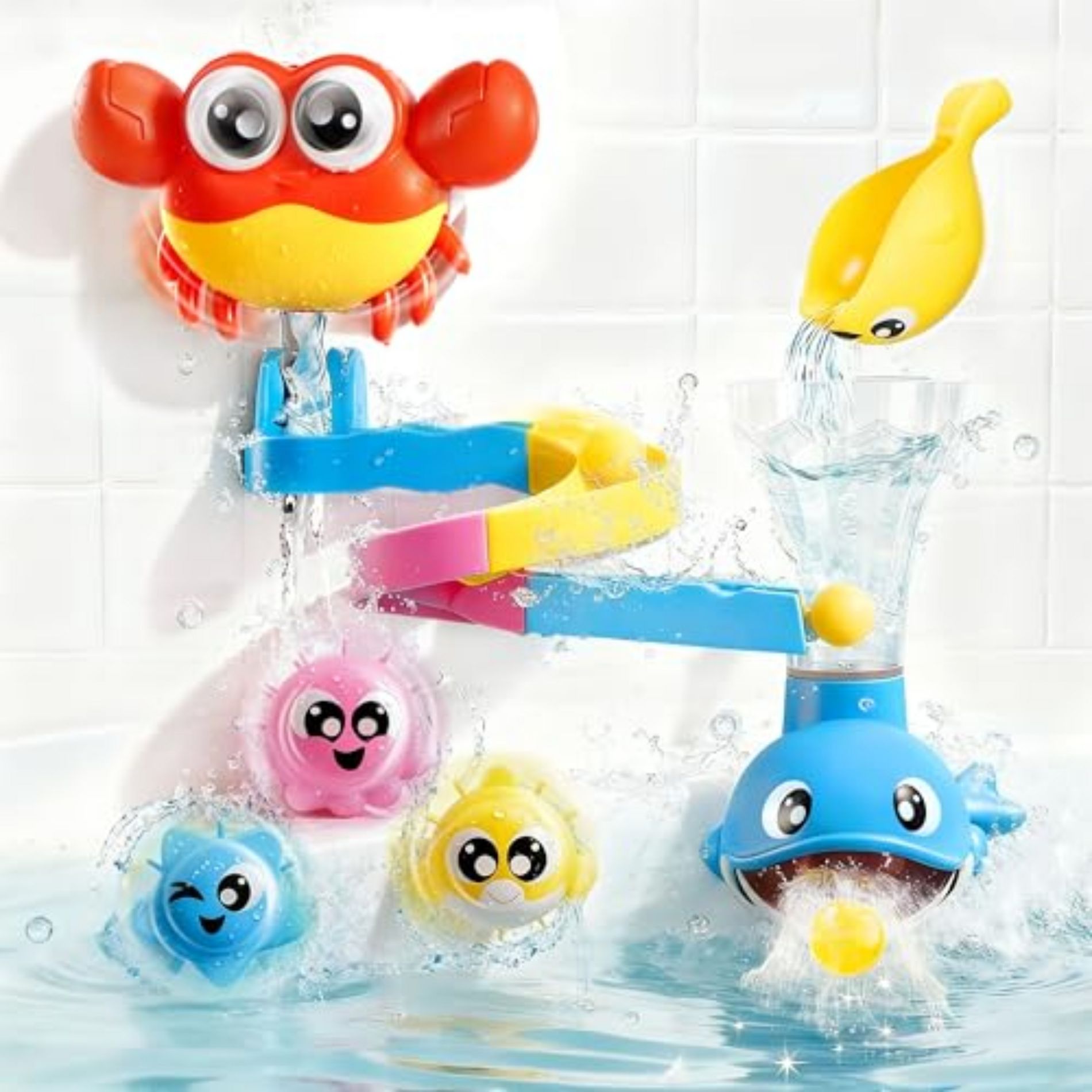 Joyfy 7-in-1 Bath Toy for Kids, Interactive Water Play with Crab, Whale, Fish & Slide Track for Toddlers, Pour Spray Bathtub Toys, Kids Birthday Gift