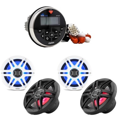Clarion GR1BT Digital Media Receiver (Gauge Style) with (2) CMS-651RGB-SWB 6.5-inch LED RGB Marine Coaxial Speakers, Sport Grilles