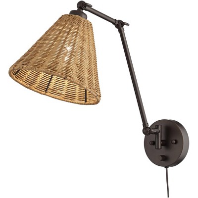 Bronze Swing Arm Wall Sconce with Rattan Shade
