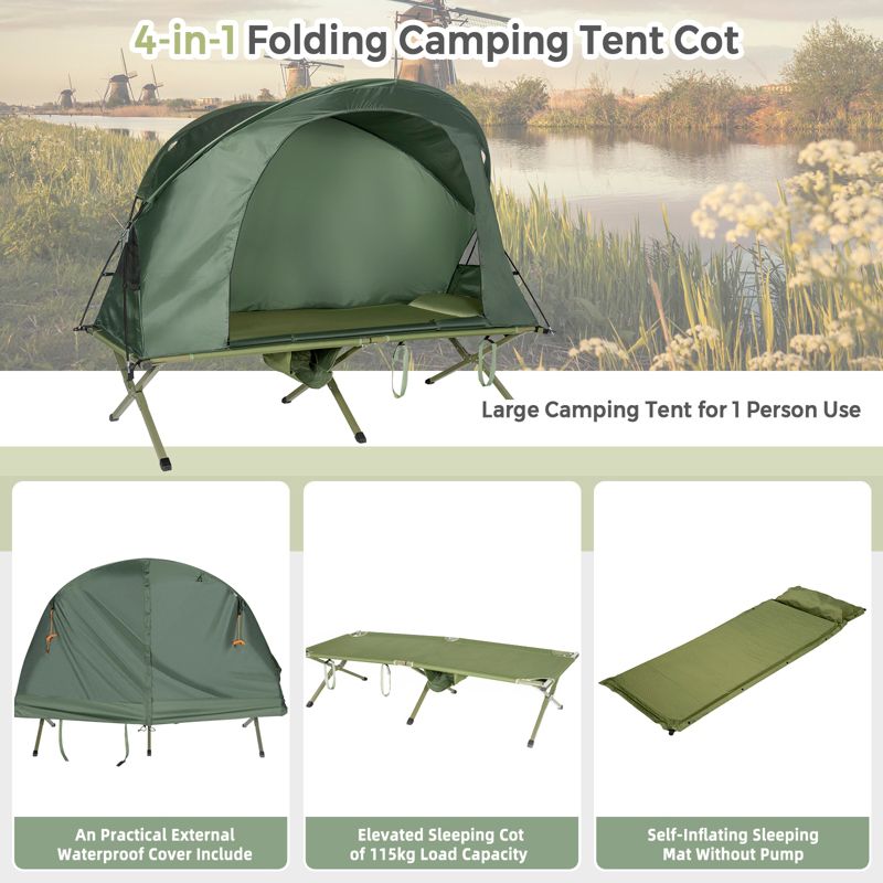 Tangkula 1-Person Folding Camping Tent Cot Portable Outdoor Tent for Backpacking & Hiking Green/Gray, 4 of 7