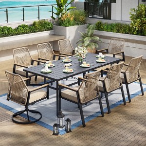 Captiva Designs 9pc Spacious Slat-top Rectangle Metal Table with Umbrella Hole & Beige Rattan Cushioned Chairs - 1 of 4