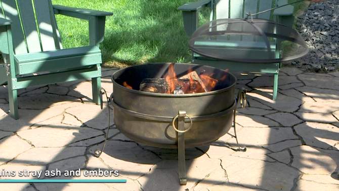 Sunnydaze Outdoor Camping or Backyard Round Cauldron Fire Pit with Spark Screen, Log Poker, and Metal Wood Grate, 2 of 12, play video