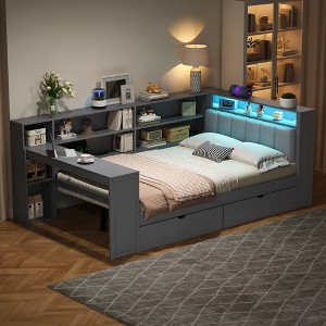 Full Size Platform Bed with Storage Shelves, Desk and Upholstered Headboard - 1 of 4