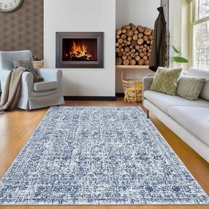 5'x7' Vintage Floral Low Pile Rug, Non-Slip Washable Runner with Reinforced Edges, Stain Resistant Foldable Floor Cover, Blue - 1 of 4