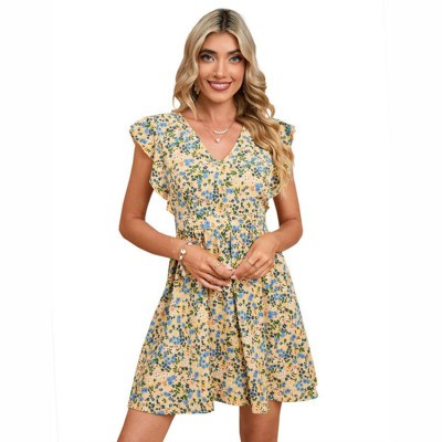 Coolmee Women's Summer Dress Cap Sleeve Casual Dresses V-Neck Floral Vacation Party Mini Dress