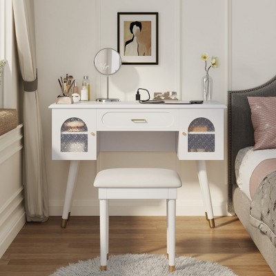 40 Inch Modern Vanity Desk Set with Integrated Charging Station & Carved Glass Cabinets, Makeup Table
