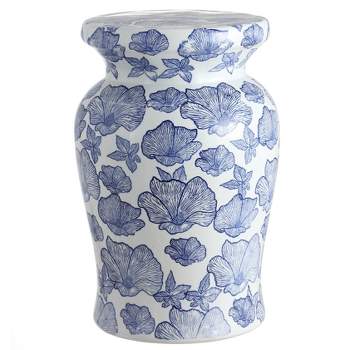 JONATHAN Y Poppies 17.7" Ceramic Garden Stool, White/Blue