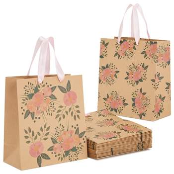 Juvale 24 Pack Kraft Paper Floral Gift Bags with Pink Ribbon Handles, 8x4x9 Inches, 2 Designs, For Themed Party Favors