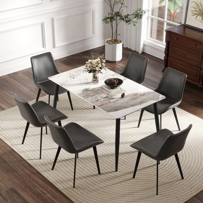 NicBex 55.12"/62.99"  Modern Artificial Stone Dining Table with Black Metal Leg for 6 People for Kitchen, Dining Room, Office