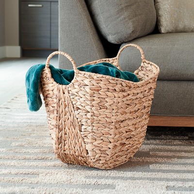 Golden Toffee Water Hyacinth Round Wicker Basket with Metal Frame
