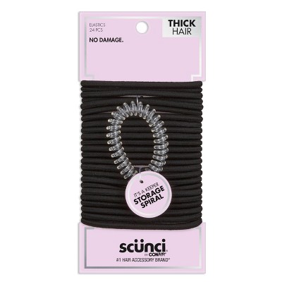scunci No Damage Elastic Hair Ties with Storage Ring - Thick Hair - Black - 24pcs